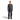 Front view of men's Arcteryx Rush navy bib ski pants with grey long-sleeve shirt