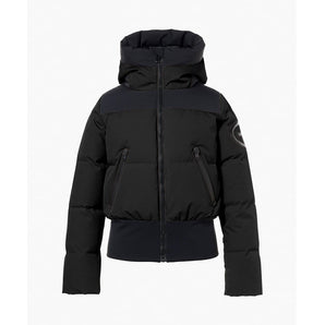 Black women's quilted down bomber jacket with hood and gray shoulder panel