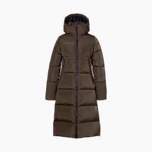Brown Goldbergh Sion long hooded down jacket front view with horizontal quilting