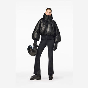 Black glossy puffer bomber jacket with hood and cropped fit for women