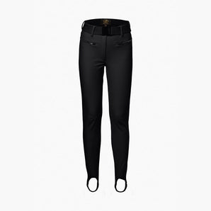 Front view black Goldbergh Paris Pant W ski pants with gold GD logo patch and zippered pockets