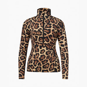 Front half-zip closure on Goldbergh Leona women's leopard print ski pullover