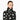 Woman wearing black star pattern neckwarmer as high collar with matching jacket