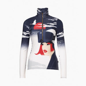 Flat lay Goldbergh Yuki women's slim fit ski pullover with high collar, gold half-zip, and red sun crane design
