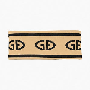 Beige knitted Goldbergh Tiara headband with black stripes and GD monogram flat lay