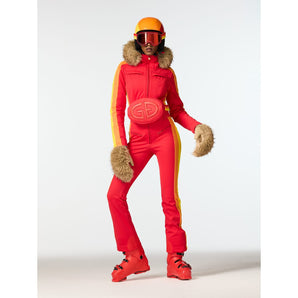 Red Goldbergh Tessare fanny pack with GB logo worn on ski suit