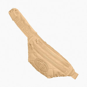 Monochromatic beige quilted Goldbergh Col fanny pack with dual zippers