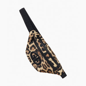 Leopard print Goldbergh fanny pack with black zippers and embossed logo detail