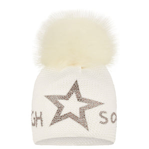 White knit beanie with silver rhinestone star accent