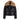 Front view black cropped puffer jacket with gold zipper and logo patch