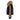 Black quilted puffer jacket with tan faux fur hood and beige sleeve stripe