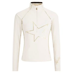 Front view of cream High Society Stella half zip top with gold star graphic