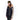 Cropped shiny black puffer coat with voluminous beige fur collar and stars