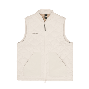 ARMADA Yowler cream quilted vest flat lay showing size L tag and front zipper detail
