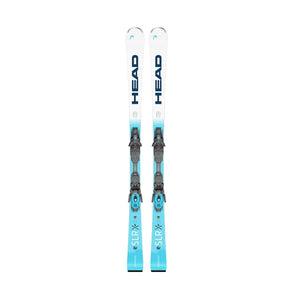 HEAD WC Rebels e.SLR alpine skis with blue gradient design and black bindings for slalom racing