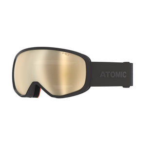 Side view of Atomic Revent M HD PHOTO ski goggles showing adjustable strap and gold lens detail