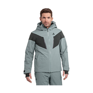 Front view of man wearing light gray Schoeffel Safuna ski jacket with hood