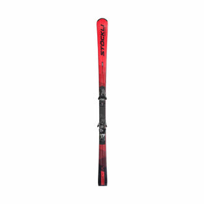 Used Stöckli Laser GS alpine ski with red and black graphics and mounted bindings